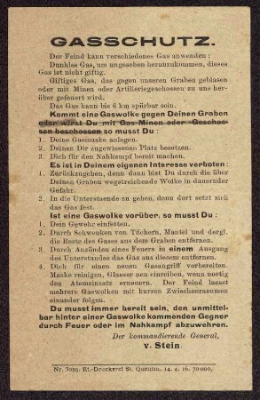 Merkblatt "Gasschutz" für Frontsoldaten