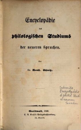 Encyclopädie des philologischen Studiums der neueren Sprachen, hauptsächlich der französischen und englischen. [1]