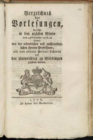 WS 1776: Verzeichnis der Vorlesungen // Georg-August-Universität Göttingen