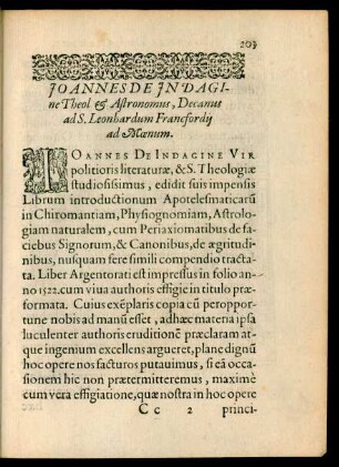 Ioannes De Indagine Theol et Astronomus, Decanus ad S. Leonhardum Francfordii ad Moenum.