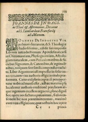 Ioannes De Indagine Theol et Astronomus, Decanus ad S. Leonhardum Francfordii ad Moenum.