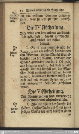 Die V Abtheilung. Die Kennzeichen sind zweyerley; allgemeine und absonderliche