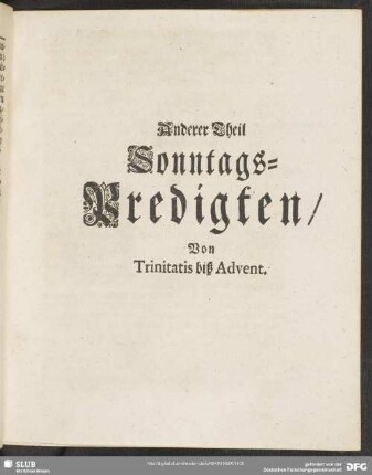 Anderer Theil Sonntags-Predigten, Von Trinitatis biß Advent