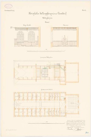 Zellengefängnis, Düsseldorf Frauengefängnis: Grundriss 3. OG, DG, Längsschnitt und Queransicht Betsaal 1:50