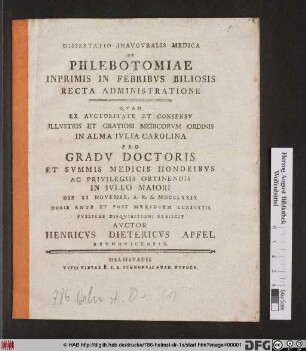 Dissertatio Inavgvralis Medica De Phlebotomiae Inprimis In Febribvs Biliosis Recta Administratione