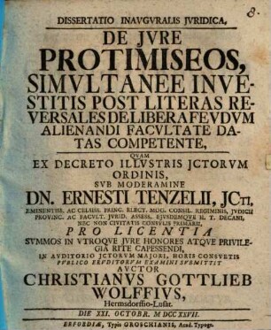 Diss. inaug. iur. de iure protimiseos, simultanee investitis post literas reversales de libera feudum alienandi facultate datas competente