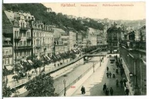 Karlsbad. Kreuzgasse und Mühlbrunn-Kolonnade am Mühlbrunn-Quai