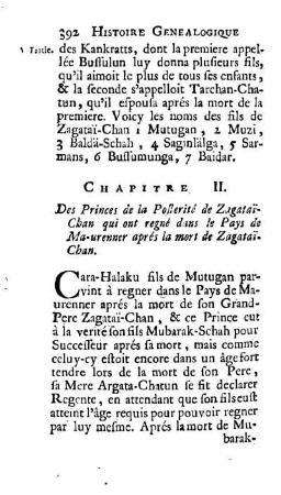 Chapitre II. Des Princes de la Posterité de Zagatai-Chan qui ont regné dans le Pays de Ma-urenner aprés la mort de Zagatai-Chan