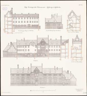 Amtsgericht, Berlin-Weißensee: Querschnitte, Seitenansicht, Rückansicht und Vorderansicht 1:100