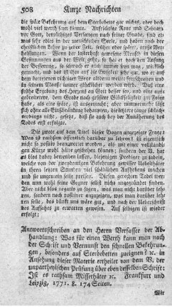 Antwortschreiben an den Herrn Verfasser der Abhandlung: Was für einen Werth kann man nach der Schrift und Vernunft den schnellen Bekehrungen, besonders auf Sterbebetten, zueignen?