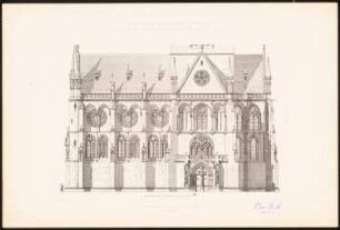 Katholische Pfarrkirche: Ansicht Südseite (aus: C. Schäfer, Die Bauhütte, Entwürfe im Stile des Mittelalters, 3. Bd., 1895, Blatt 2)