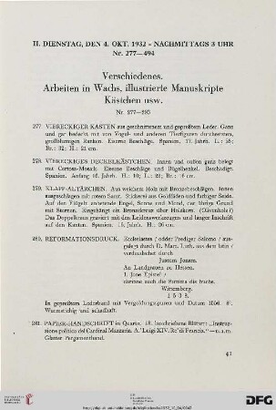 Arbeiten in Wachs, Illustrierte Manuskripte, Kästchen usw. (Nr. 277-293)