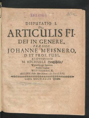 Disputatio I. De Articulis Fidei In Genere
