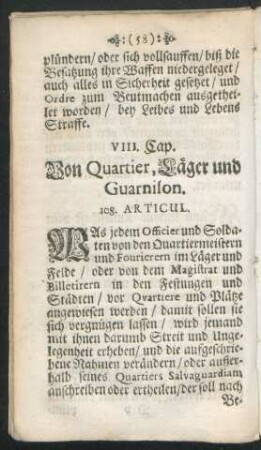 VIII. Cap. Von Quartier, Läger und Guarnison.
