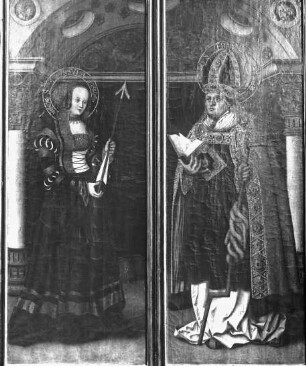 Halle (Saale), Marktkirche St. Marien, Altaraufsatz, Standflügel: Hl. Ursula; Hl. Erasmus; Simon Franck