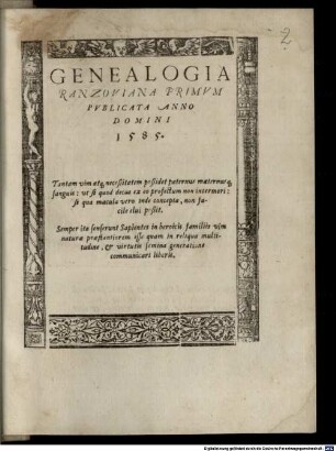 Genealogia Ranzoviana : Primvm Pvblicata Anno Domini 1585.