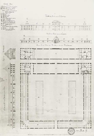Dresden, "Grundriß zu einem ... Reithause 25 Ellen br. 112 Ellen lang ... Wagen-Schuppen zu 74 Wagen ... Pferde-Stall vor 250 Pferde, Facade des Reithauses und Pavillons, Facade des Stalles gegen der Einfahrt, Oberer Grund Riß derer Pavillons samt dem Reithaus"