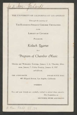 Gedrucktes Konzertprogramm mit handschriftlichem Brief an Roberto Gerhard : 1937