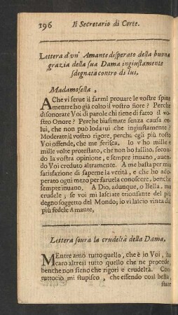 Lettera d' un' Amante disperato della buona grazia della sua Dama ingiustamente sdegnata conto di lui.