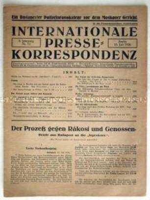 Bulletin der internationalen kommunistischen Presse u.a. zum Prozess gegen die Führer der Kommunistischen Partei in Ungarn