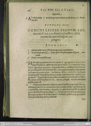 Titulus VIII. Nemini Licere Signum uatoris Christi humi vel in silice, vel in marmore, aut insculpere, aut pingere