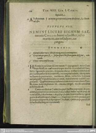 Titulus VIII. Nemini Licere Signum uatoris Christi humi vel in silice, vel in marmore, aut insculpere, aut pingere