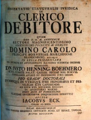 Diss. inaug. iur. de clerico debitore