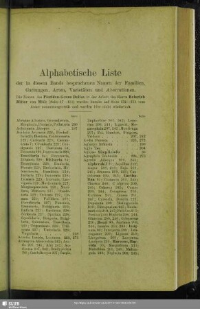 Alphabetische Liste der in diesem Bande besprochenen Namen der Familien, Gattungen, Arten, Varietäten und Aberrationen