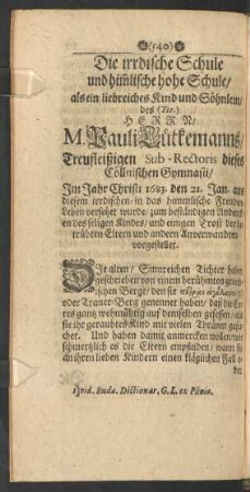 ... als ein ... Söhnlein/ des Herrn M. Pauli Lütkemanns ... Im Jahr Christi 1683. den 21. Jan. aus diesem ... Leben versetzet wurde ...