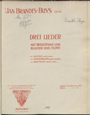 3 Lieder mit Begleitung von Klavier und Flöte : op. 20