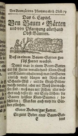 Das 6. Capitel. Von Baum-Gärten und von Pflantzung allerhand Obst-Bäumen. - Das 8. Capitel. Von Teutsch- und Calecutischen Hünern.