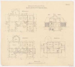 Landhaus Dr. Ruge, Nardevitz: Grundriss KG, EG und DG und Schnitt 1:100