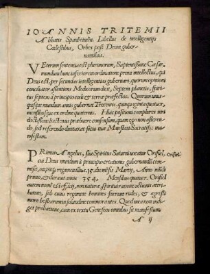 Ioannis Tritemii Abbatis Spanheimen. Libellus de intelligentiis Coelestibus, Orbes post Deum gubernantibus.
