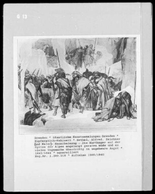 Hannibalszug (Blatt 4): Die Karthager auf der Spitze der Alpen angelangt geraten müde und so vieles Ungemachs überdrüßig in ungeheure Angst