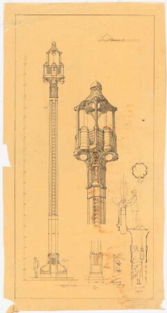 Straßenlaterne: Ansicht, perspektivische Ansicht, Grundriss, 1:50, 1:25
