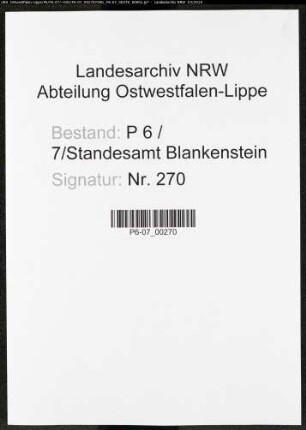 Sterberegister Standesamt Blankenstein/Ruhr