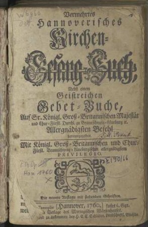 Vermehrtes Hannoverisches Kirchen-Gesang-Buch, Nebst einem Geistreichen Gebet-Buche