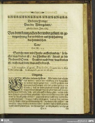 Die dritte Predigt, Von der Widergeburt, gehalten den 6. Jun. 1684. Von dem kennzeichen der widergeburt, in geringachtung des irdischen und hochhaltung des himmlischen