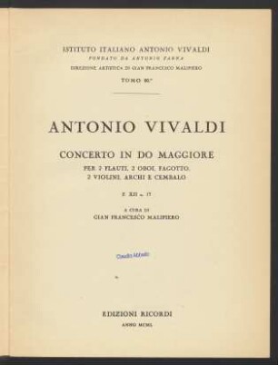 Concerto in Do maggiore per 2 flauti, 2 oboi, fagotto, 2 violini, archi e cembalo : F. XII n. 17
