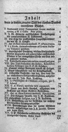 Inhalt derer in diesem zweyten Stük des fünften Bandes recensirten Bücher.