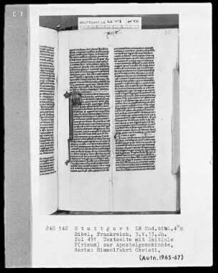 Lateinische Taschenbibel — Initiale P (rimum), darin Himmelfahrt Christi, Folio 431recto