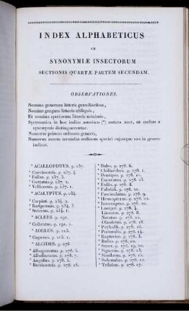 Index Alphabeticus in Synonymiae Insectorum.