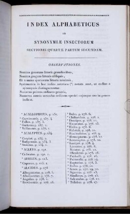 Index Alphabeticus in Synonymiae Insectorum.