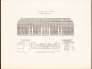 Krankenhaus, Berlin-Moabit: Grundriss 1.OG, Ansicht von der Straßenseite, Details Verwaltungsgebäude (aus: Neubauten der Stadt Berlin, Bd. V, 1907)