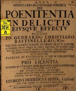 Dissertatio inauguralis iuridicae de poenitentia in delictis eiusque effectu