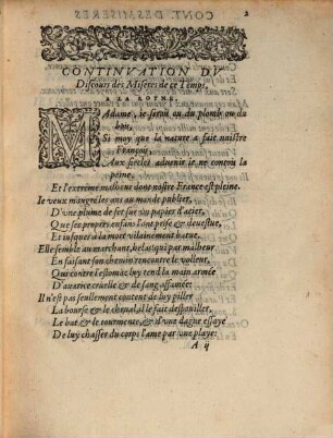 Continvation Dv Discovrs des Miseres de ce Temps : A La Royne