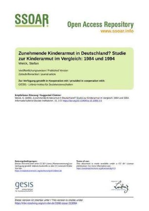 Zunehmende Kinderarmut in Deutschland? Studie zur Kinderarmut im Vergleich: 1984 und 1994