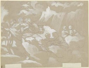 Figurengruppe auf Wolkenbänken mit Krügen, der ausgeschenkt wird