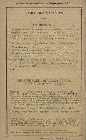 Table des matières. Septembre 1897.