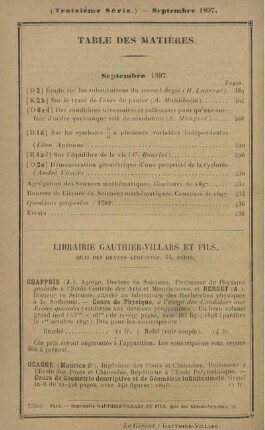Table des matières. Septembre 1897.